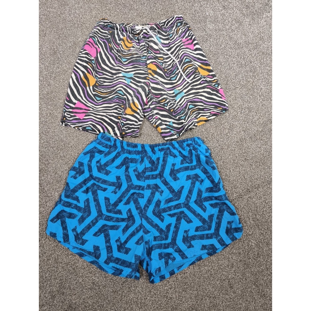 Vintage 80s 90s Surf Shorts Neon Geometric‎ Zebra USA Made